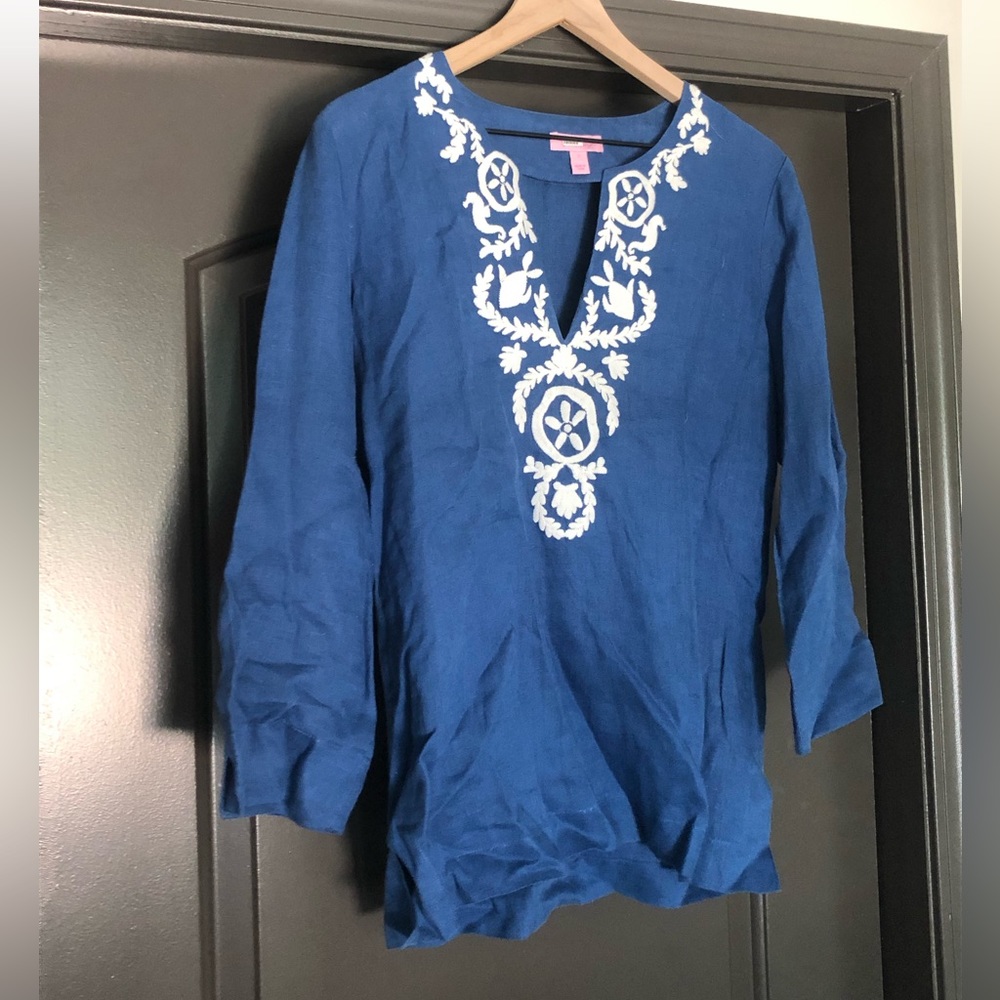 Lilly Pulitzer Amelia cobalt blue/royal blue & white 3/4 sleeve linen v neck top - Picture 1 of 9